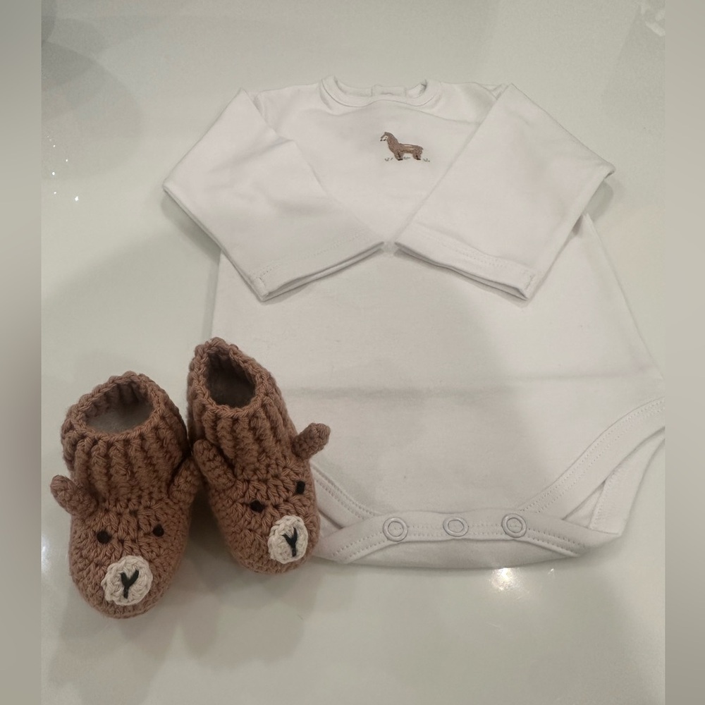 White Baby Onesie with Brown Knit Alpaca Booties